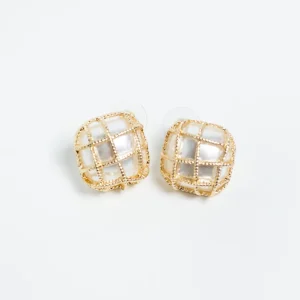 Aretes Boton Jaula Dorada Perla Acolchada