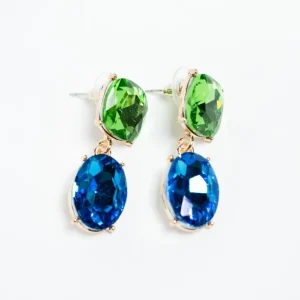 Aretes Cristal Verde y Azul Engaste Dorado