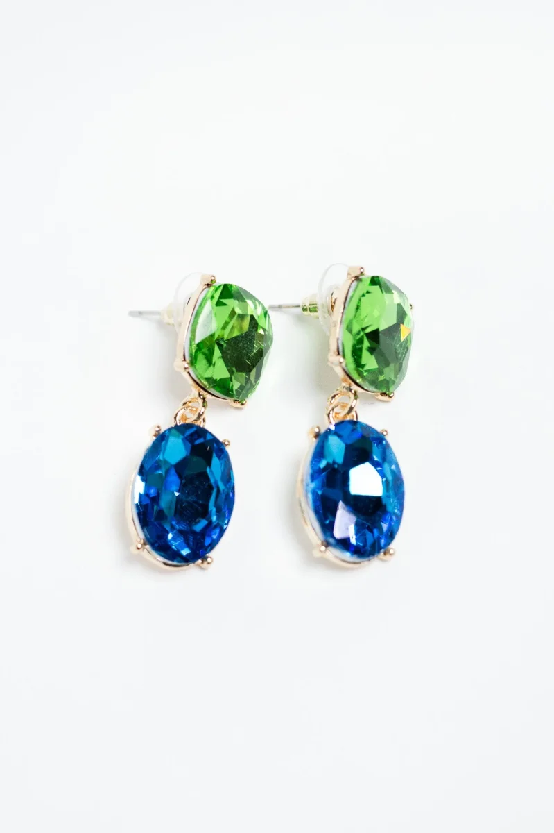 Aretes Cristal Verde y Azul Engaste Dorado