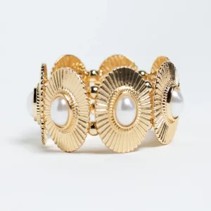 Pulsera Elastica Ovalos Rayos Sol con Perla Dorada