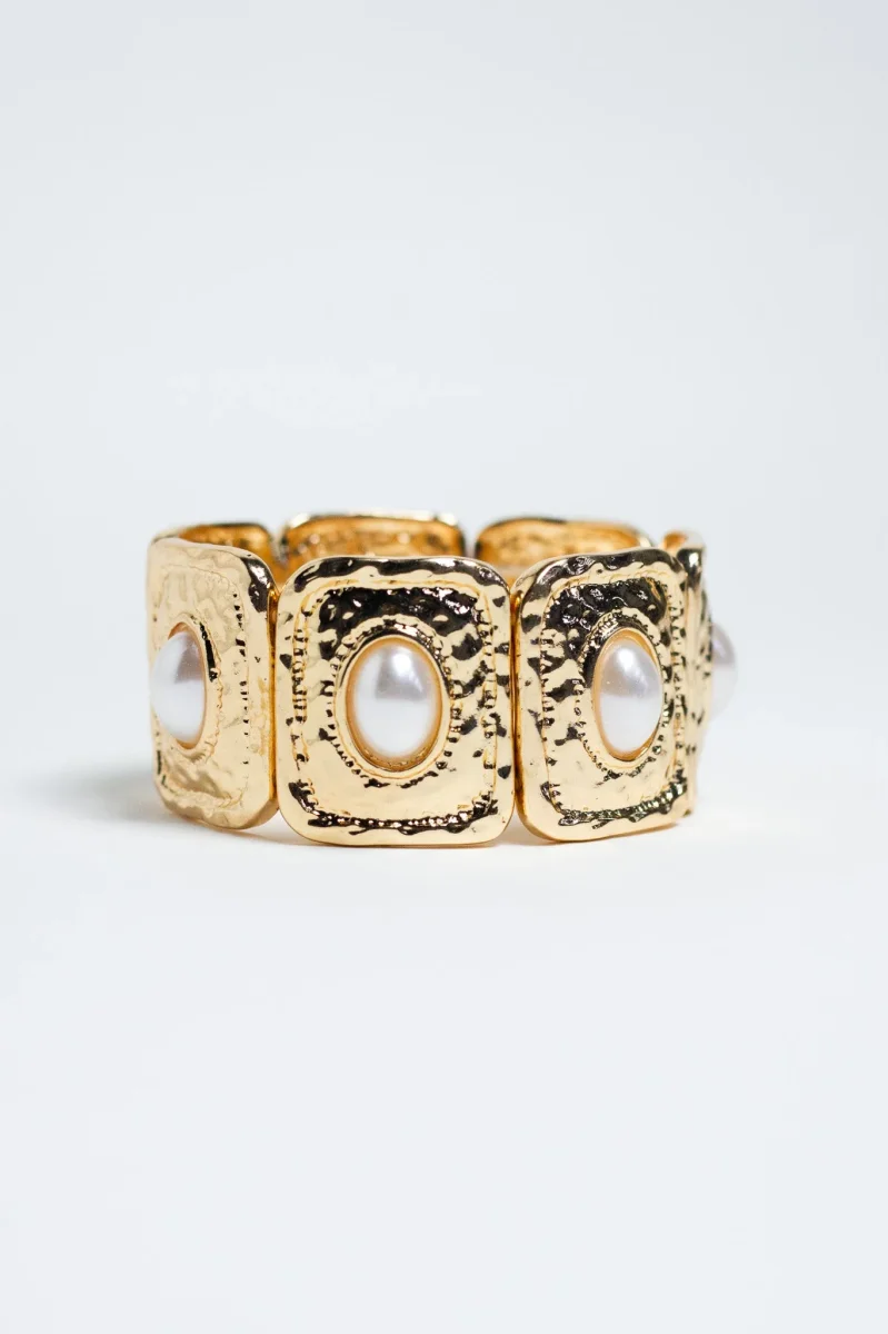 Pulsera Elastica Cuadros Martillados con Perla Dorada - Imagen 3