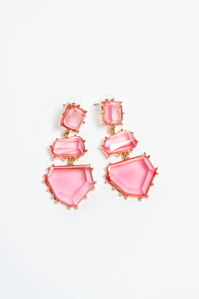 Aretes Colgantes Tres Piedras Rosas Cristal Facetado - Imagen 2