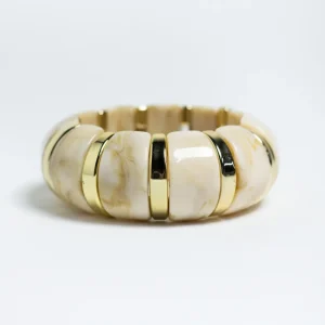 Pulsera Elastica Acrilico Beige con Separadores Dorados
