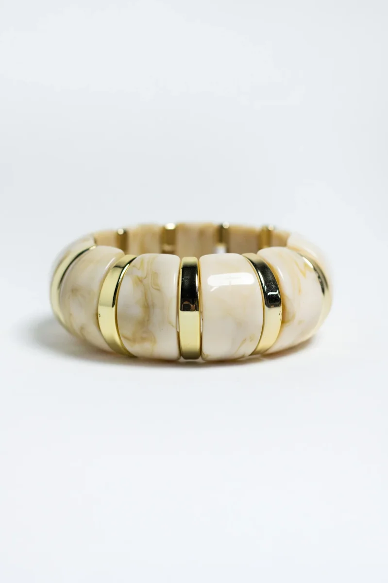 Pulsera Elastica Acrilico Beige con Separadores Dorados