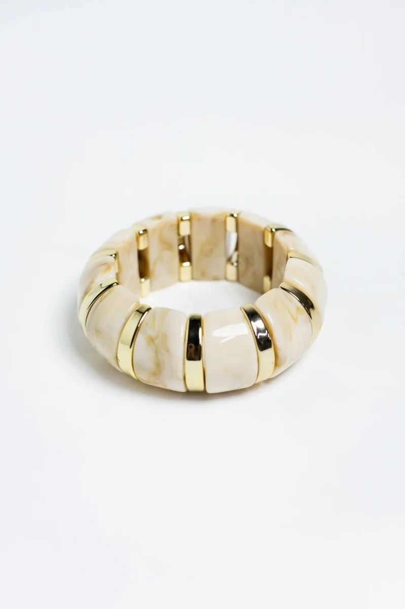 Pulsera Elastica Acrilico Beige con Separadores Dorados - Imagen 3