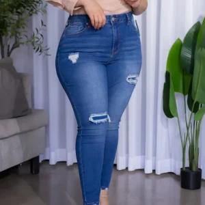 Jeans Curvy Skinny Azul Rasgado Parches Casual Moderno