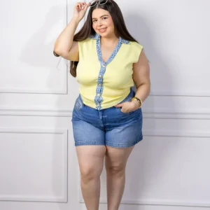 Chaleco Curvy Canalado con Detalle Denim Amarillo