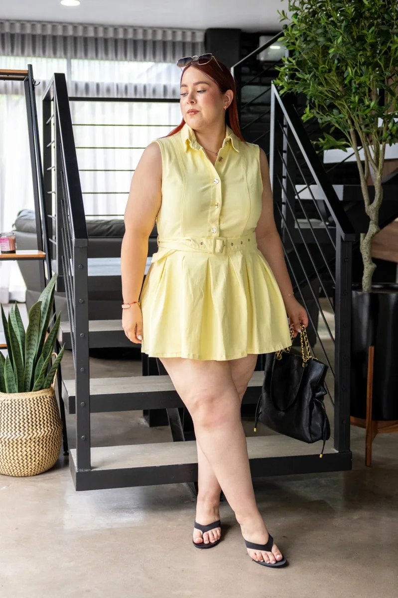 Vestido Corto Curvy Denim con Falda Voladita Amarillo - Imagen 8