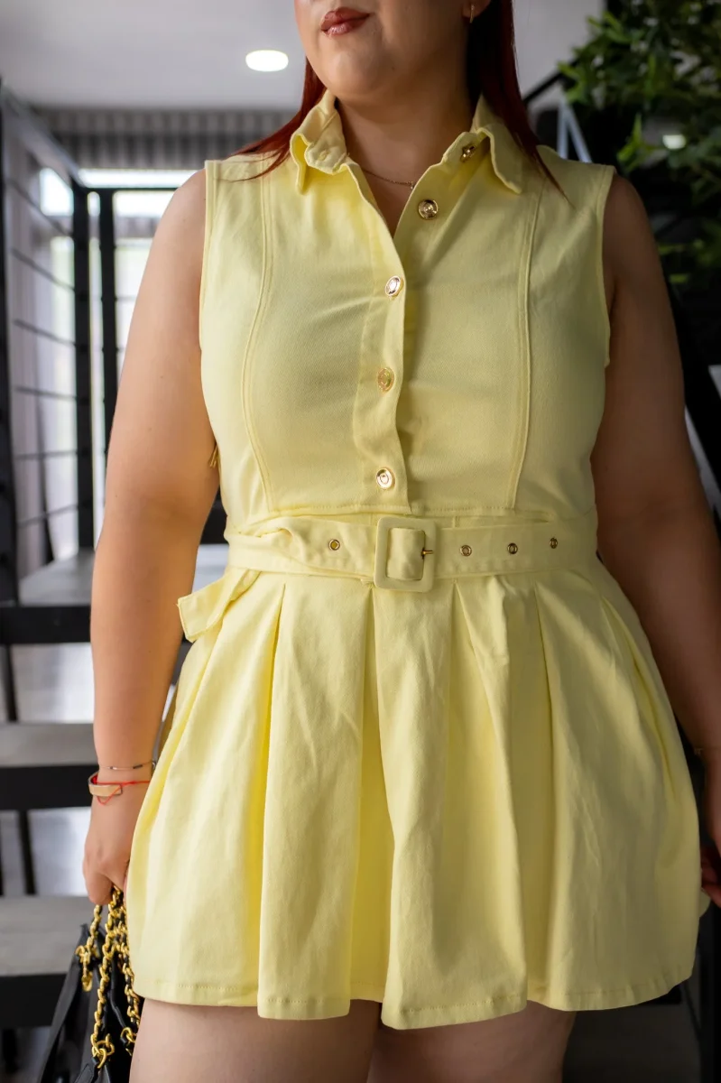 Vestido Corto Curvy Denim con Falda Voladita Amarillo - Imagen 5