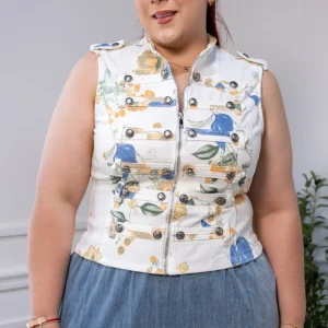 Chaleco Curvy Blanco Floral con Botones Metálicos