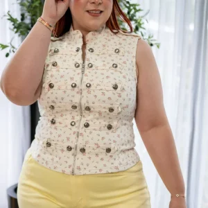 Chaleco Curvy Denim Print Flores Beige