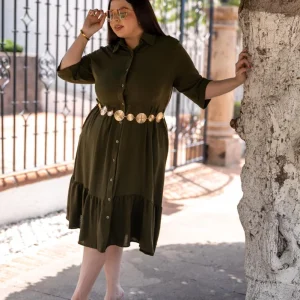 Vestido Camisero Midi con Holán Curvy Olivo