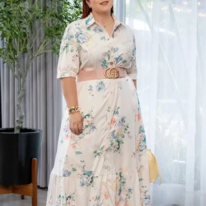 Maxi Vestido Curvy Camisero Estampado Beige
