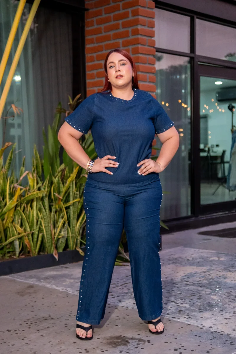 Set Pantalon Denim con Estoperoles Curvy Oscuro - Imagen 6