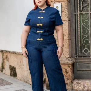 Set Curvy Denim Cuello Mao Broches Dorados Oscuro