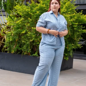 Set Blusa y Pantalon Curvy Algodon con Bordado Azul