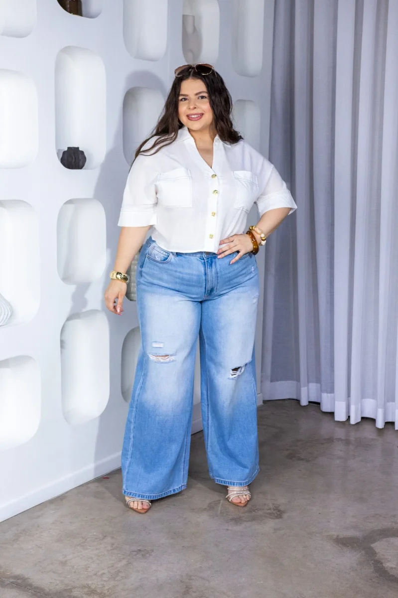 Camisa Curvy Crop Lino Manga Corta Botones Dorados Blanco - Imagen 8