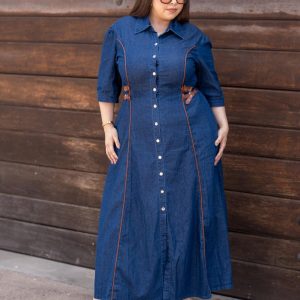 Maxi Vestido Camisero Denim con Cinturón Curvy Oscuro