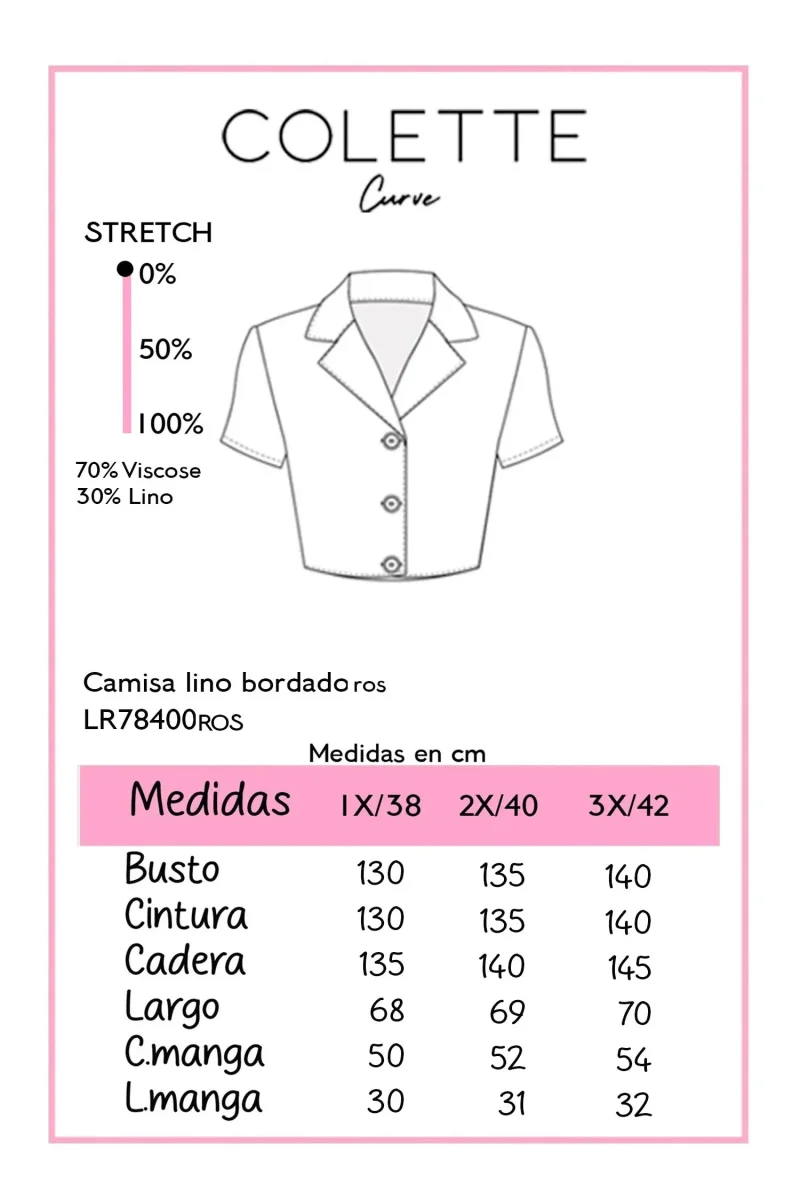Camisa Curvy Cropped Lino con Bordado Rosa - Imagen 3