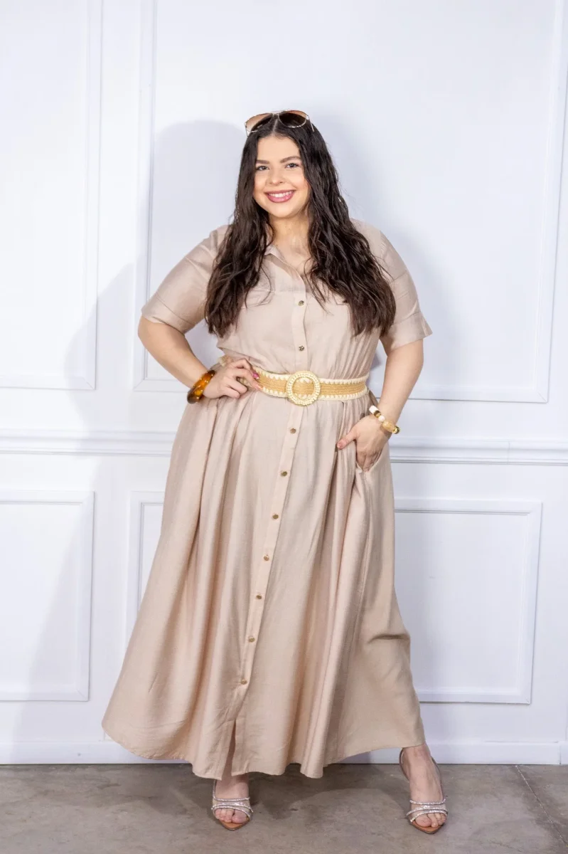 Vestido Curvy Maxi Camisero Lino Manga Corta Beige - Imagen 5