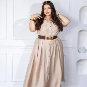 Vestido Curvy Maxi Camisero Lino Manga Corta Beige