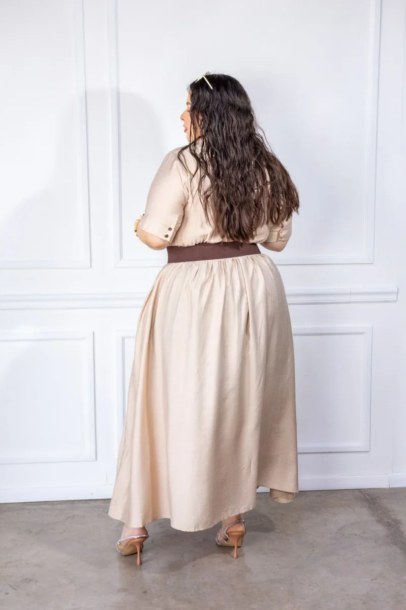 Vestido Curvy Maxi Camisero Lino Manga Corta Beige - Imagen 4