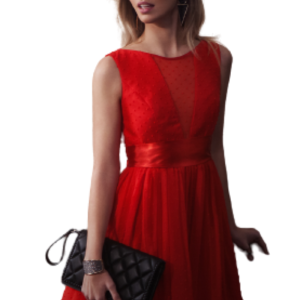 Vestido Corto Rojo Estilo Lady con Tul Plumeti.