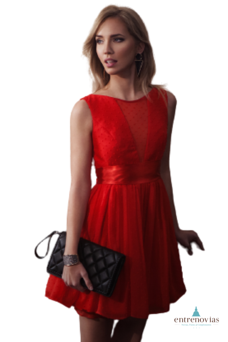Vestido Corto Rojo Estilo Lady con Tul Plumeti. - Imagen 2