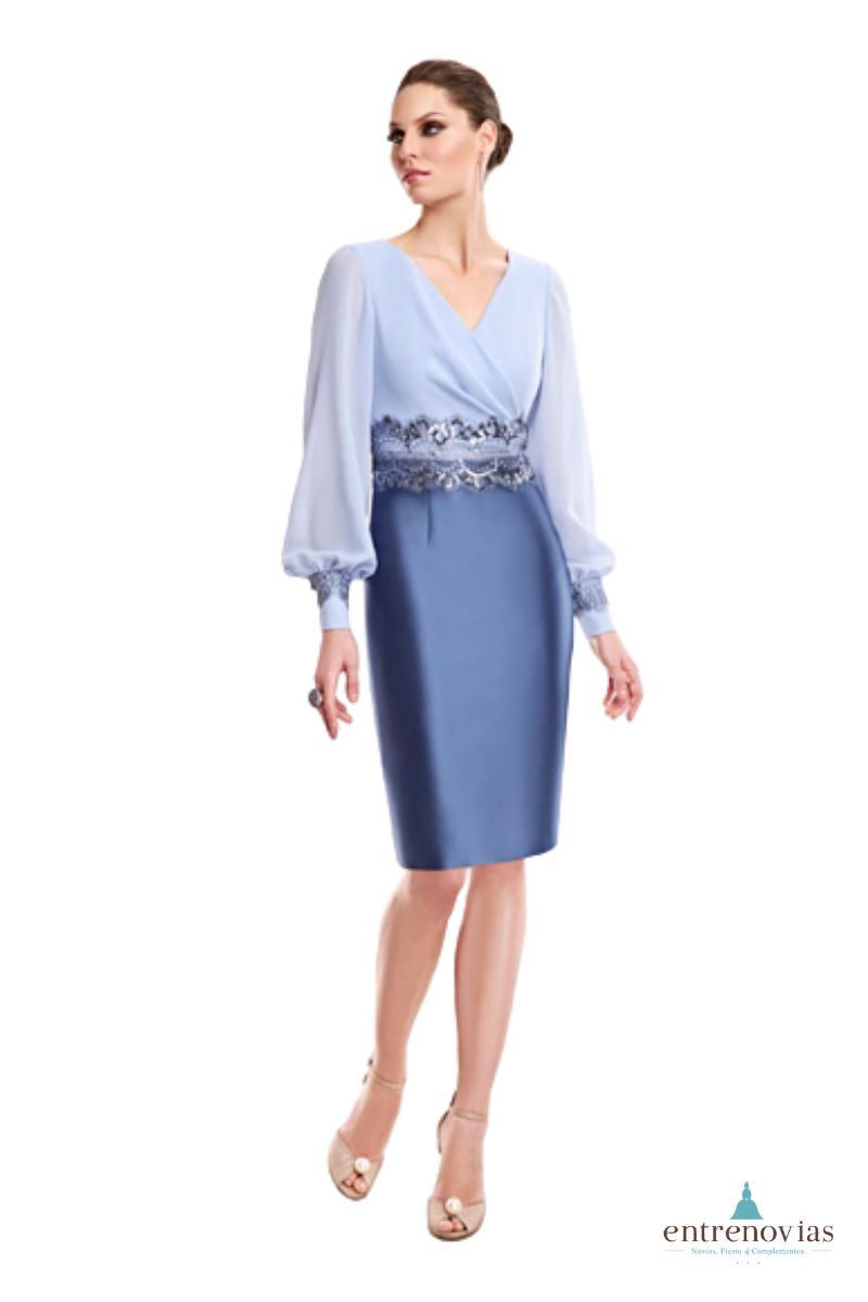 Vestido corto de madrina elegante efecto dos piezas.