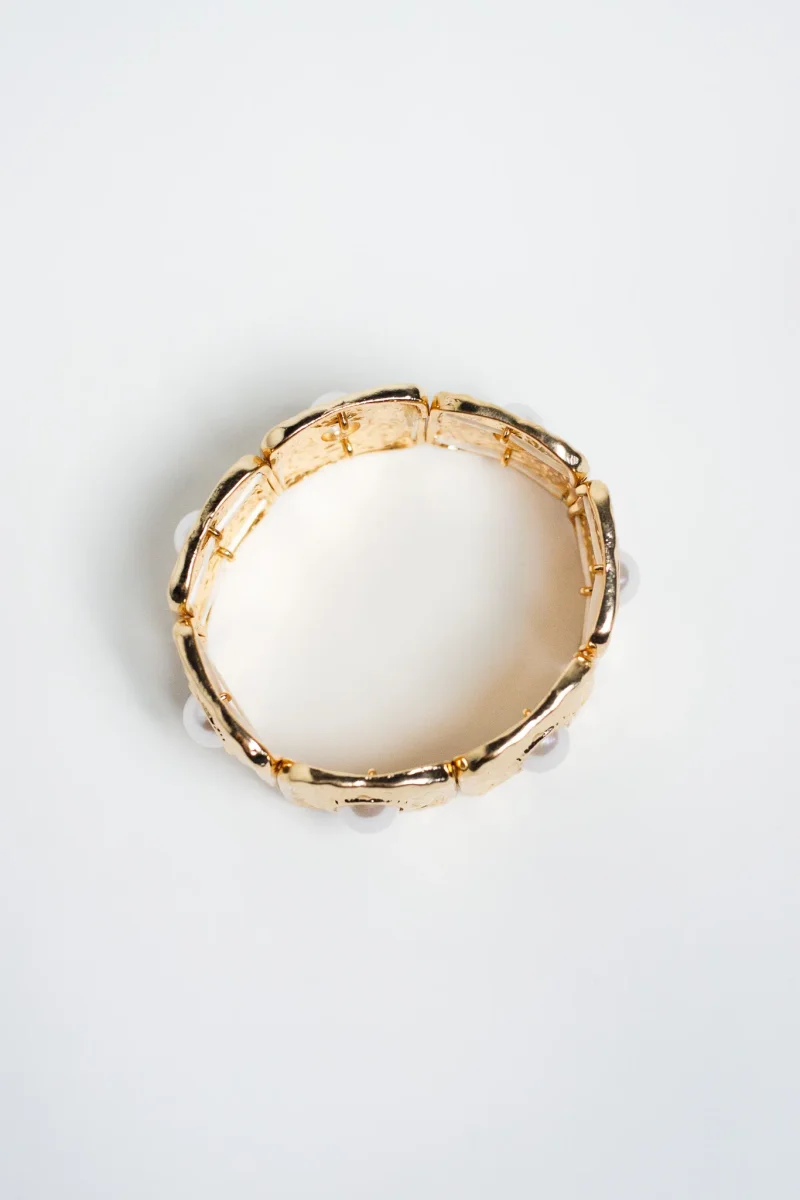 Pulsera Elastica Cuadros Martillados con Perla Dorada - Imagen 4