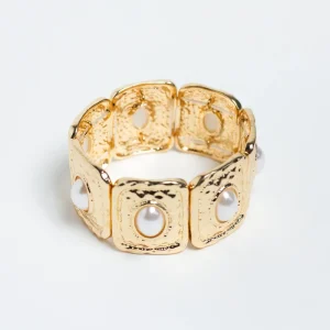 Pulsera Elastica Cuadros Martillados con Perla Dorada