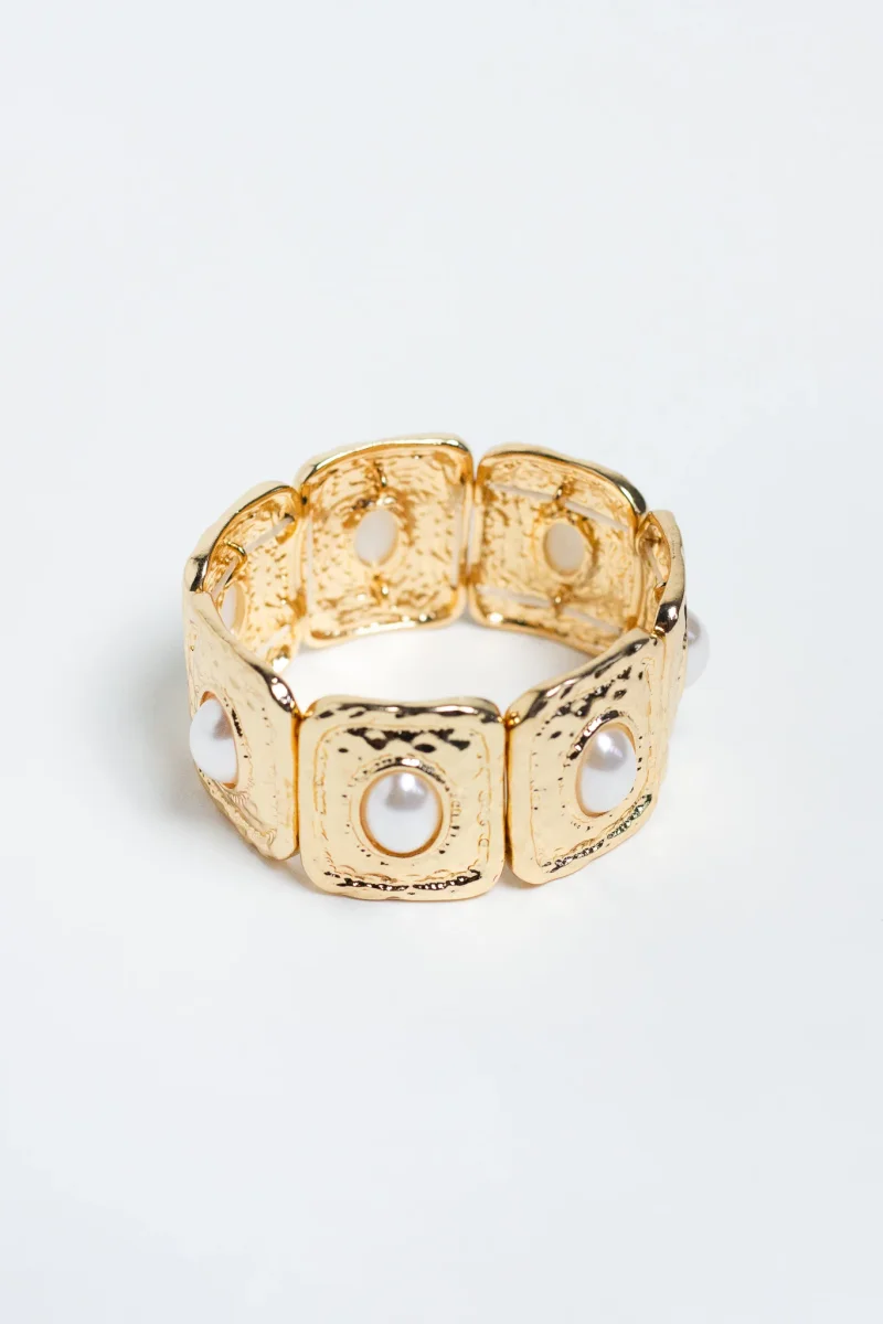 Pulsera Elastica Cuadros Martillados con Perla Dorada - Imagen 2