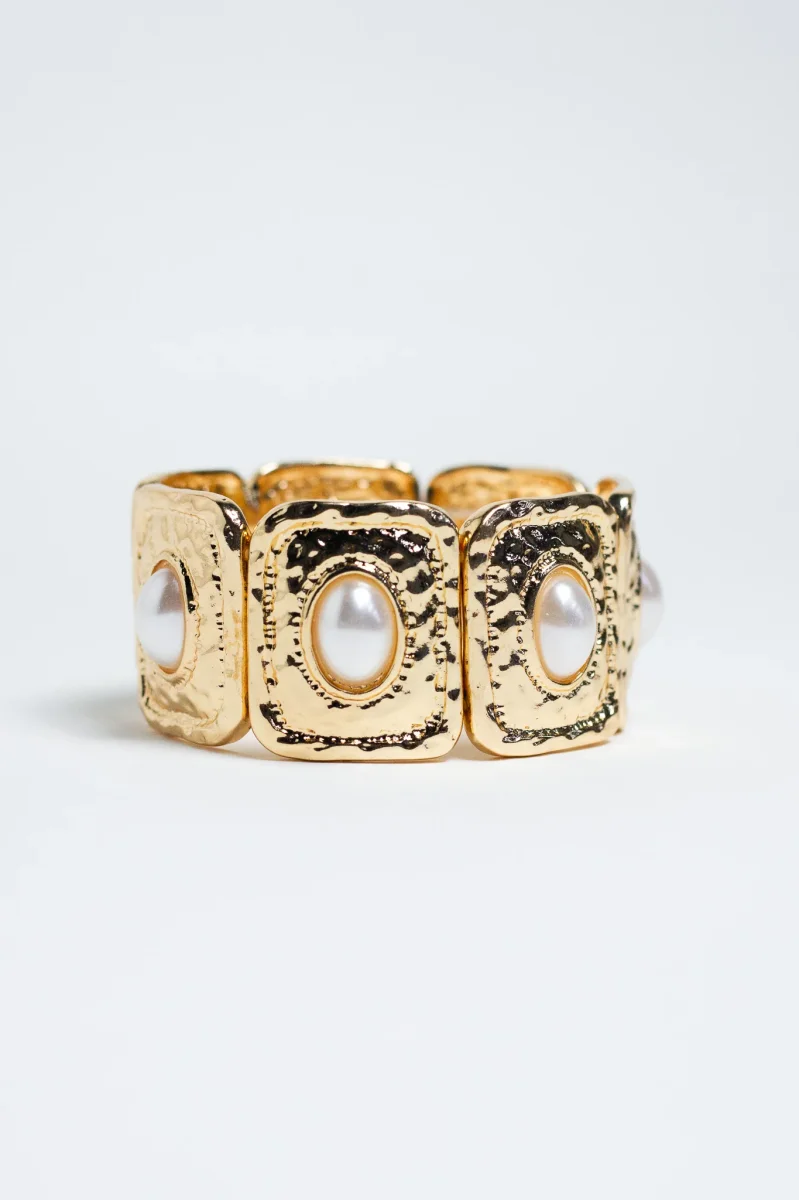 Pulsera Elastica Cuadros Martillados con Perla Dorada - Imagen 5