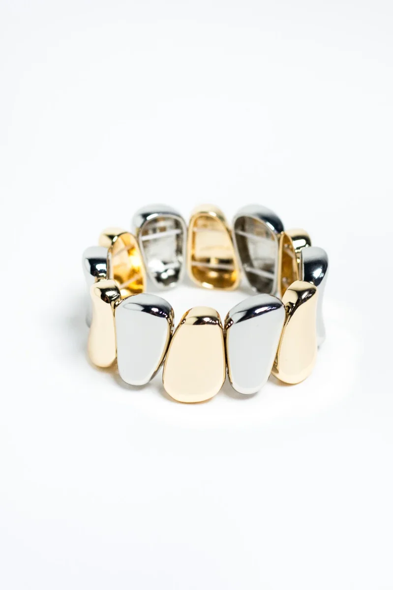 Pulsera Elastica Esferas Bicolor Dorado y Plata - Imagen 2