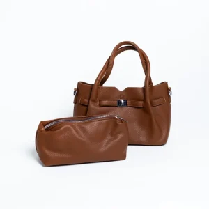 Bolsa Tote Café con Textura Granulada y Cosmetiquera
