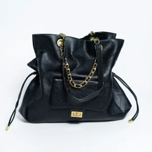 Bolsa Tote Negra Grande con Cadena Dorada