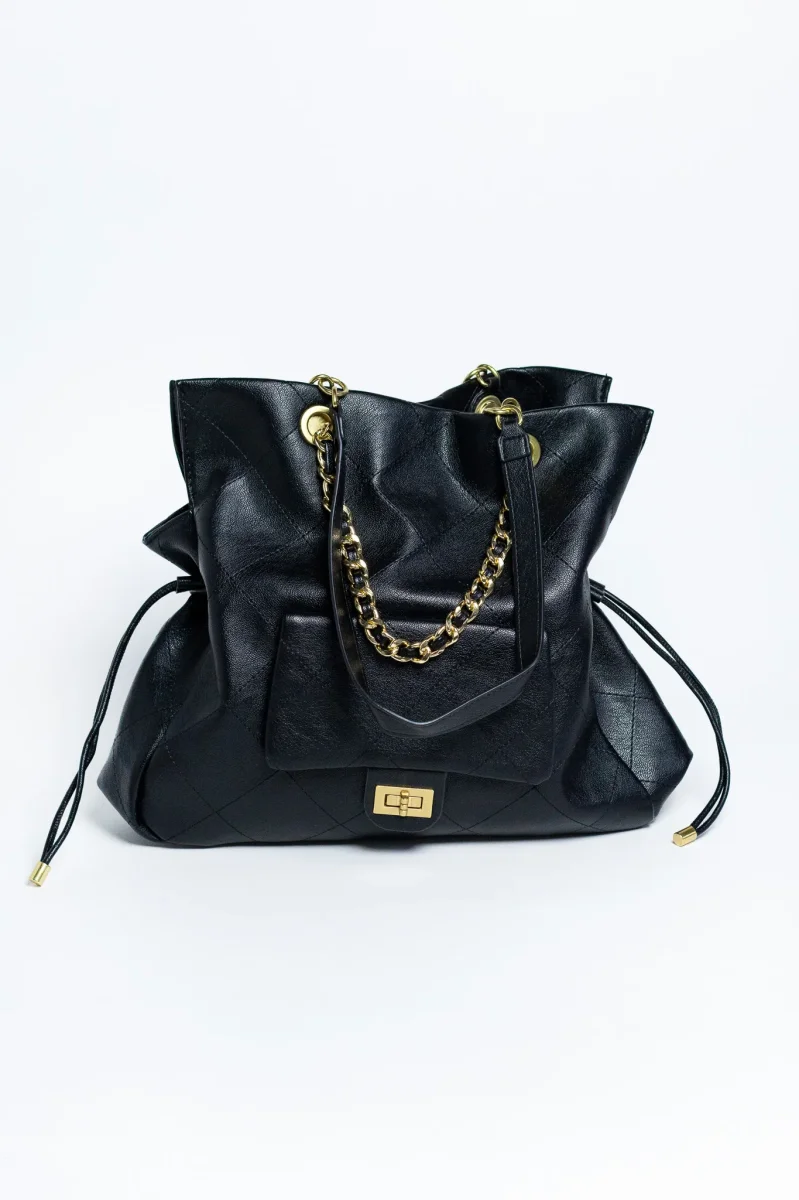 Bolsa Tote Negra Grande con Cadena Dorada