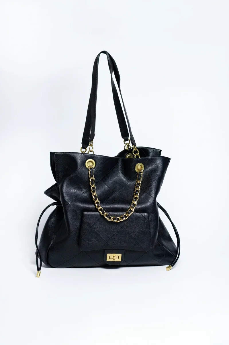 Bolsa Tote Negra Grande con Cadena Dorada - Imagen 3