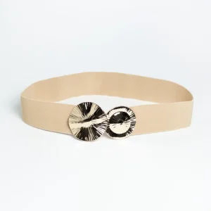 Cinturón Elástico Beige con Hebilla Dorada para Mujer