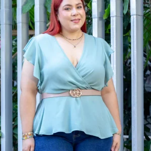 Blusa Curvy Peplum Manga Corta Verde Sage