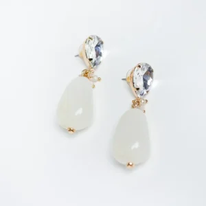 Aretes de Gota Curvy con Cristal Superior y Piedra Blanca Estilo Opalina