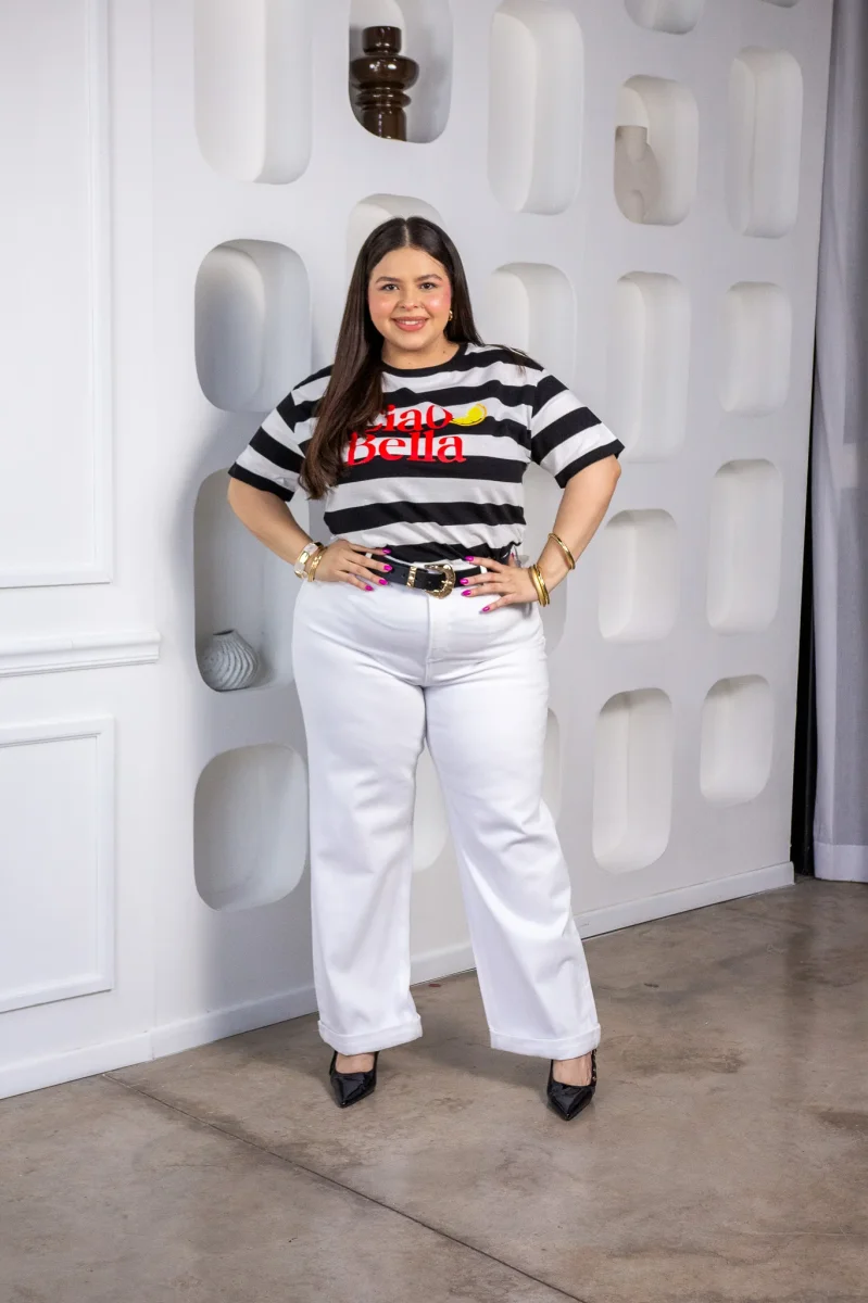 Jeans Curvy Barrel Blanco Stretch Tiro Alto Statement Verano - Imagen 4