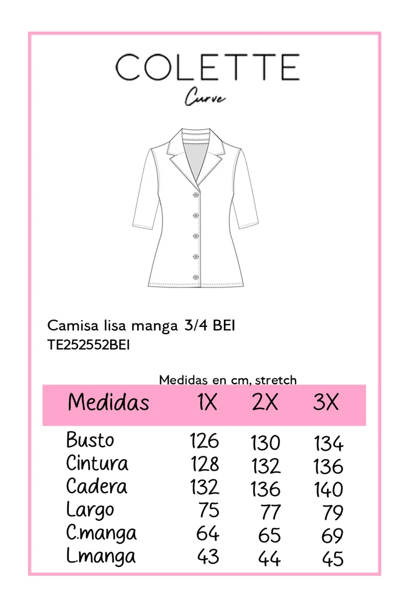 Camisa Curvy Lisa Manga 3/4 Beige Elegante - Imagen 3