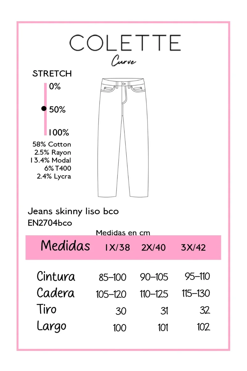 Jeans Curvy Skinny Liso Blanco Stretch Cintura Alta Casual - Imagen 3