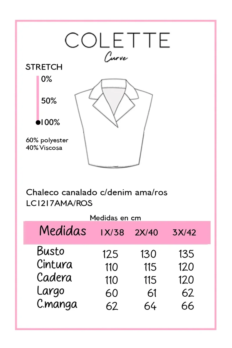 Chaleco Curvy Tejido Canalado Detalle Denim Hombreras Rosa - Imagen 3