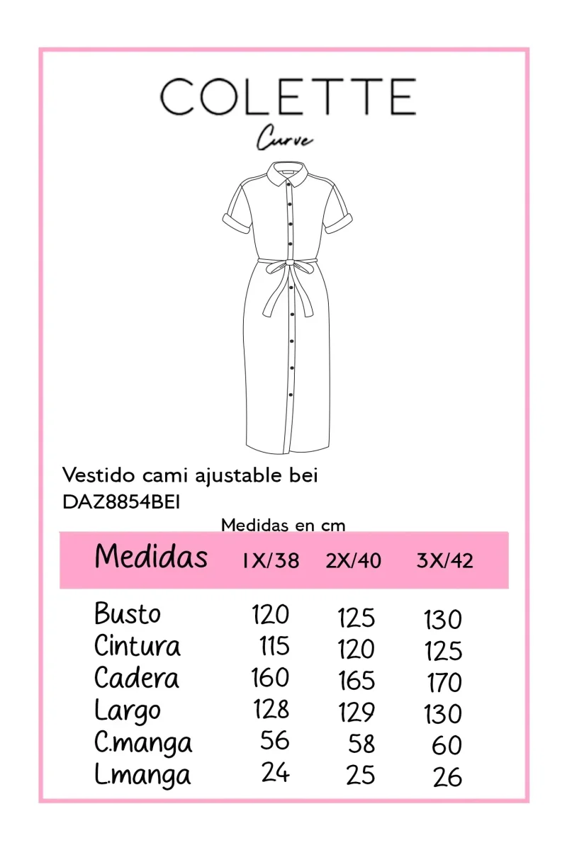 Vestido Curvy Camisero Beige Rayas Midi Jareta Ajustable - Imagen 3