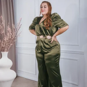 Pantalón Curvy Palazzo con Cinto Satín Olivo Sofisticado