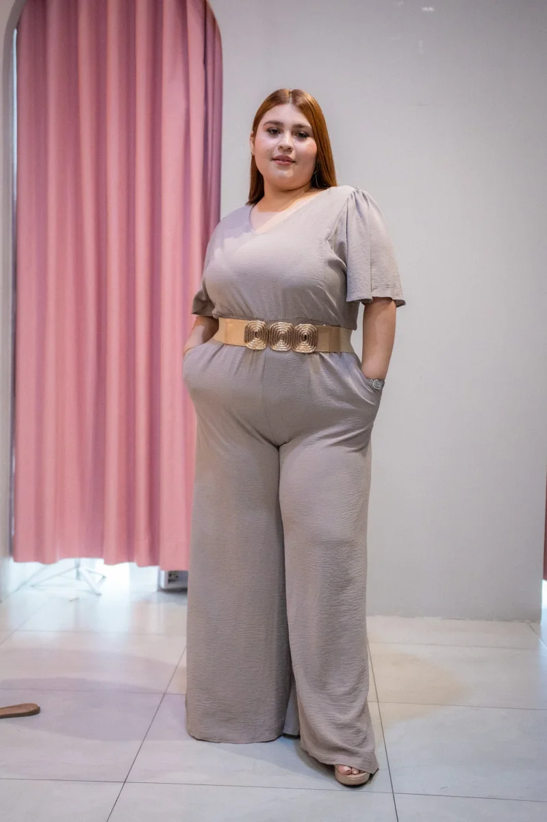 Pantalón Curvy Palazzo Liso Beige Atemporal Versátil Elegante - Imagen 2