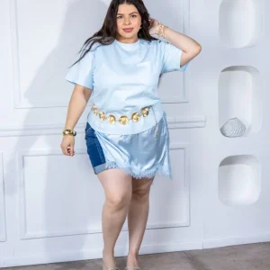 Blusa Curvy Algodón Manga Corta Bolsillo Pecho Azul Cielo