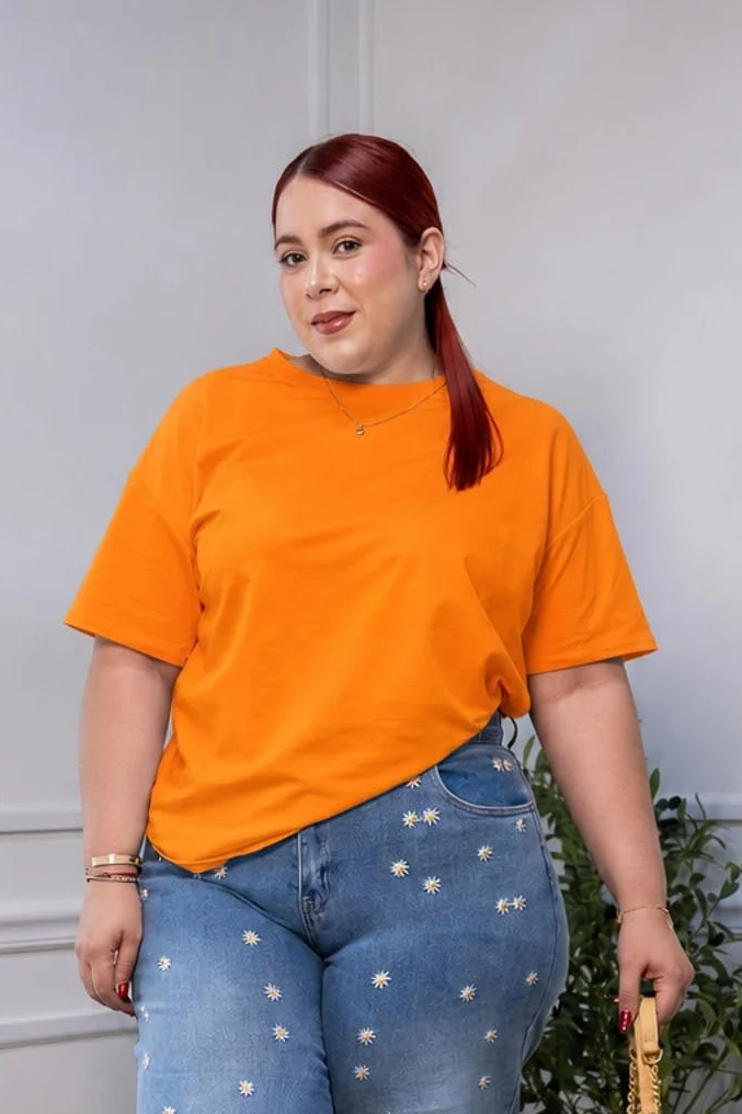 Playera Curvy Oversize Algodón Stretch Comodidad Lima y Naranja - Imagen 2